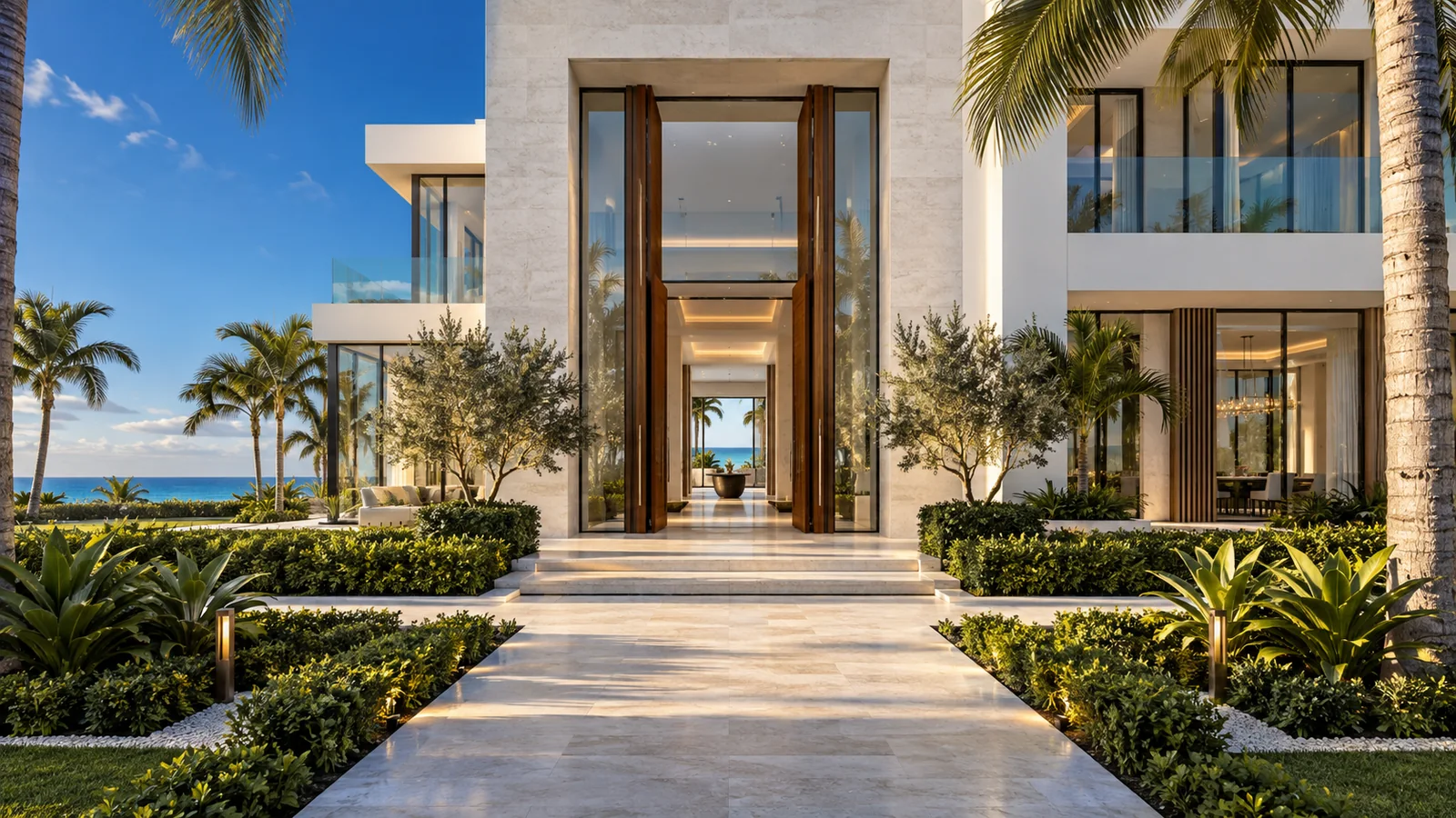 Illustrative Miami oceanfront residence, limestone entrance and tropical gardens