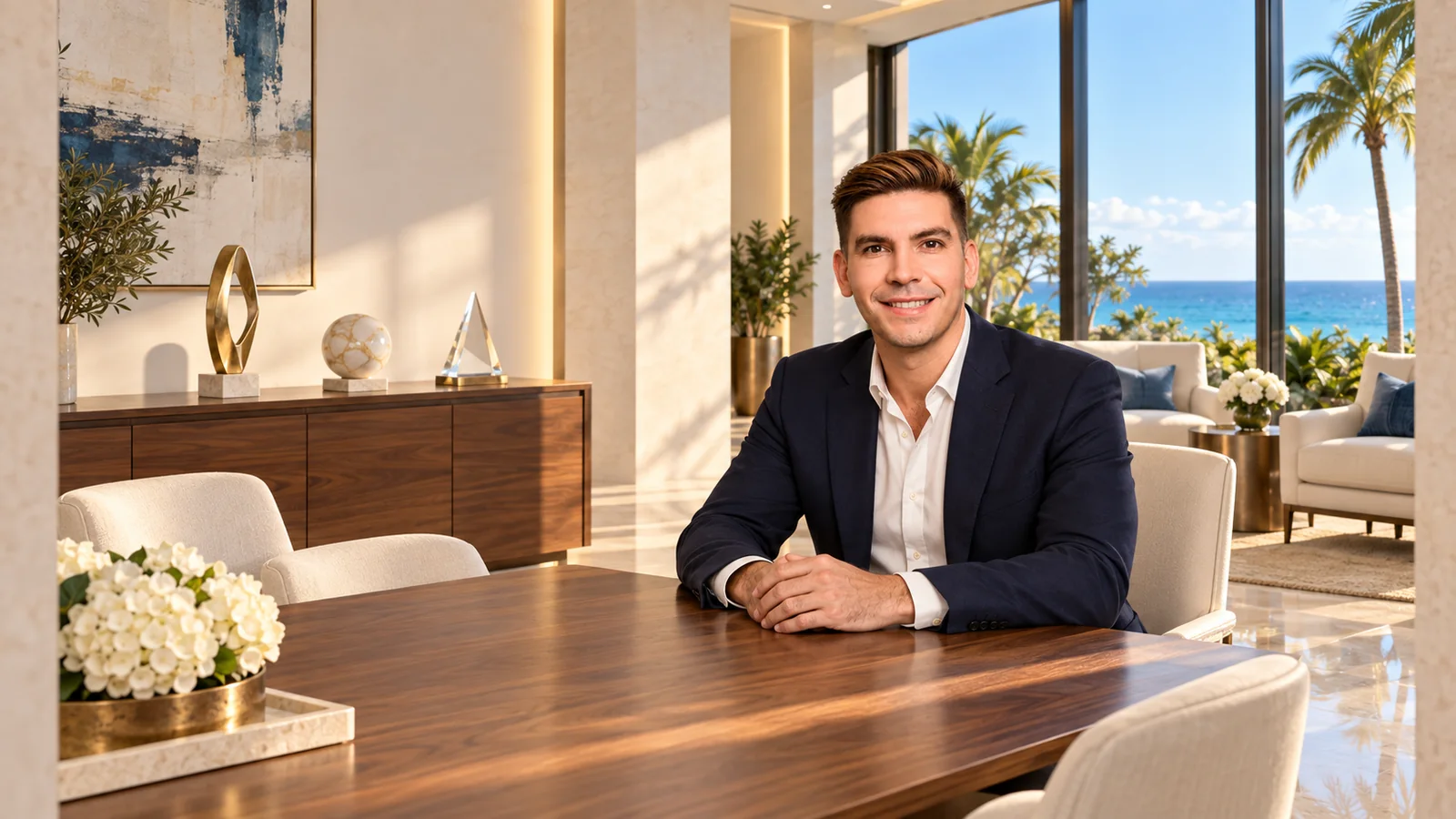 Florida Estate representative in a navy suit at a table in an illustrated oceanfront office
