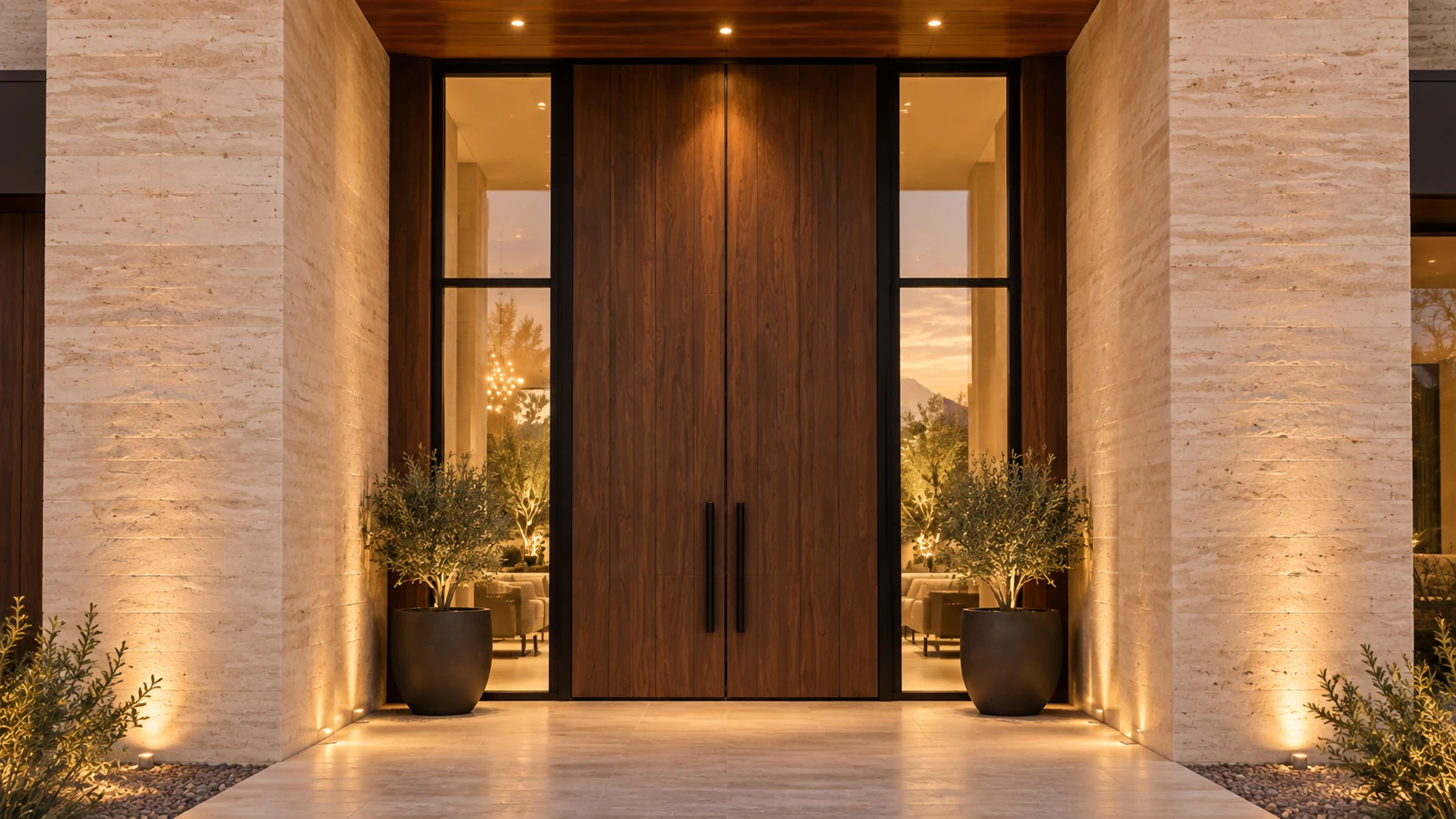 AI-generated entry view of The Desert Residence; illustrative property.
