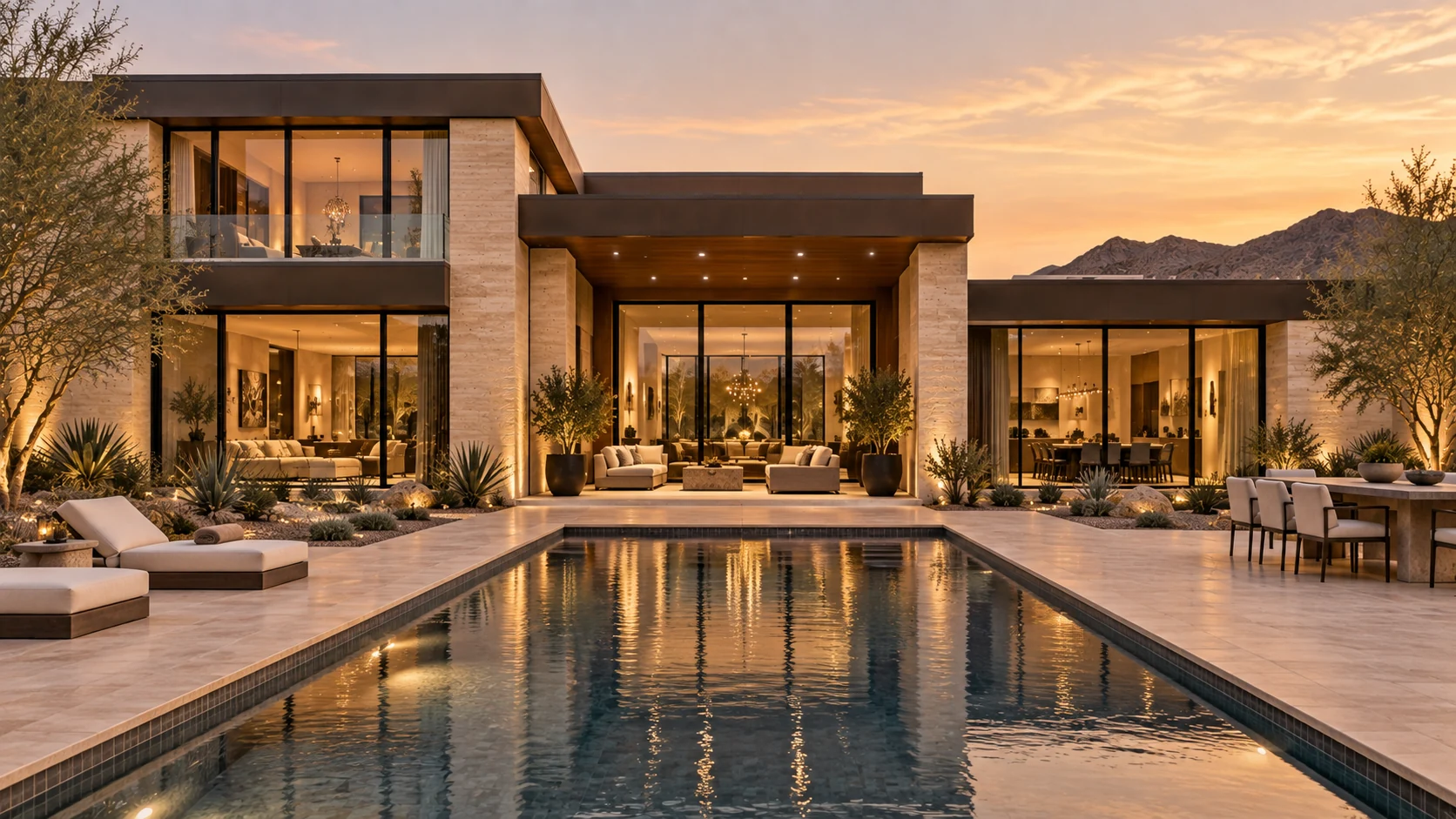 AI-generated rear view of The Desert Residence; illustrative property.