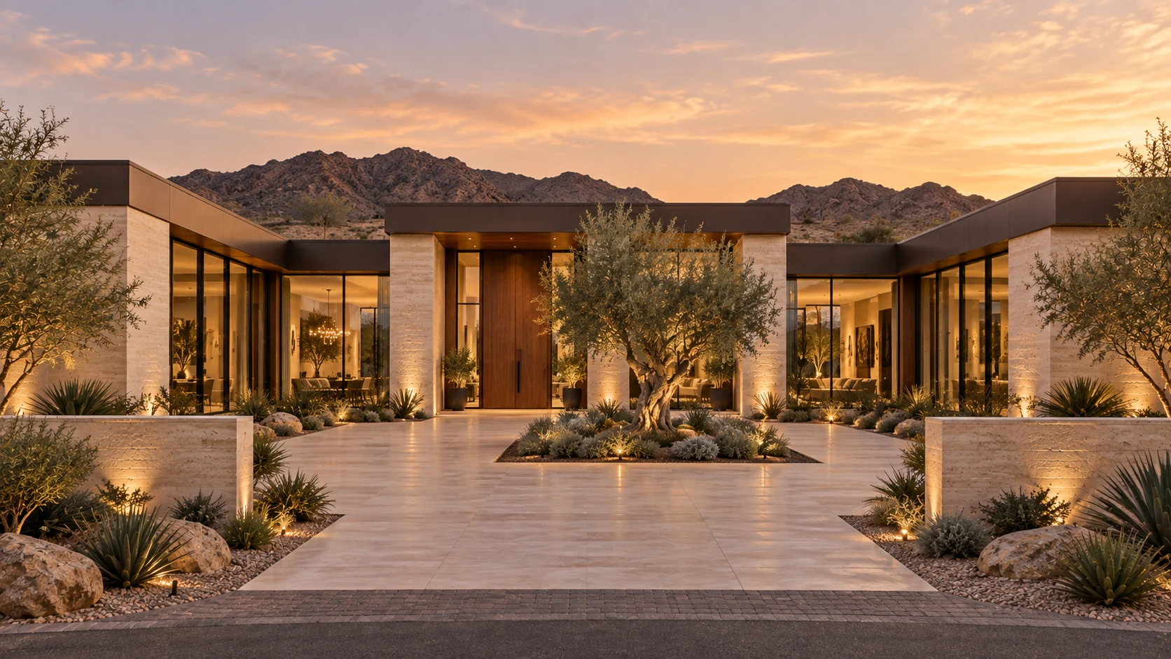 AI-generated front view of The Courtyard Residence; illustrative property.