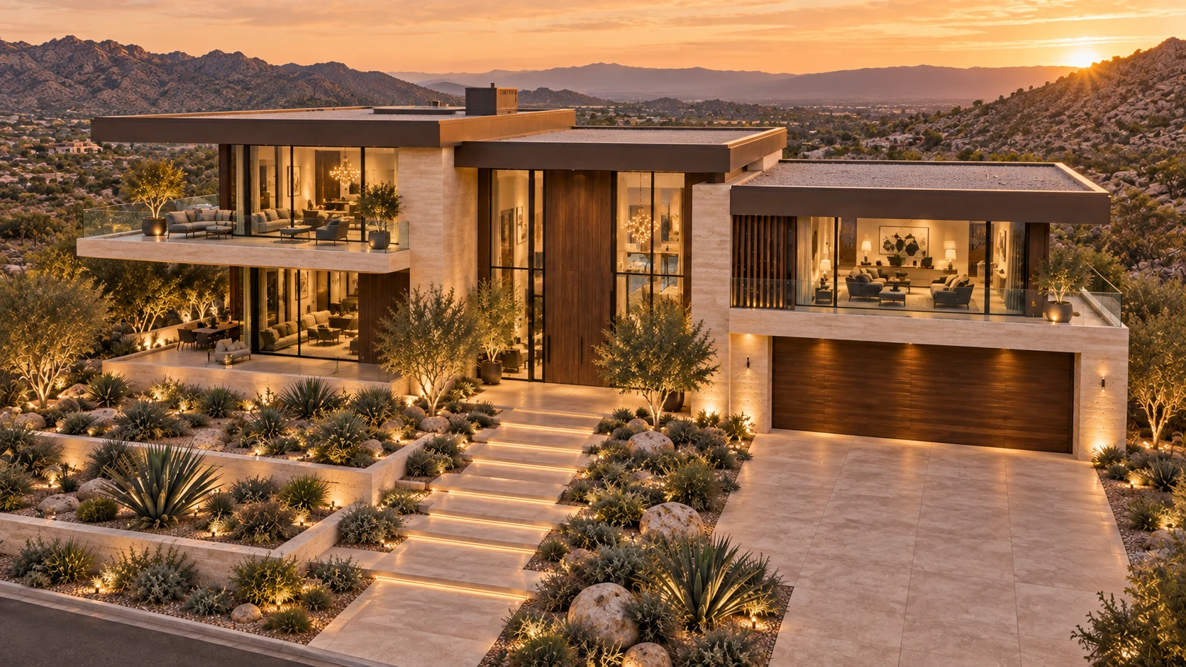 AI-generated elevated view of The Ridge Residence; illustrative property.