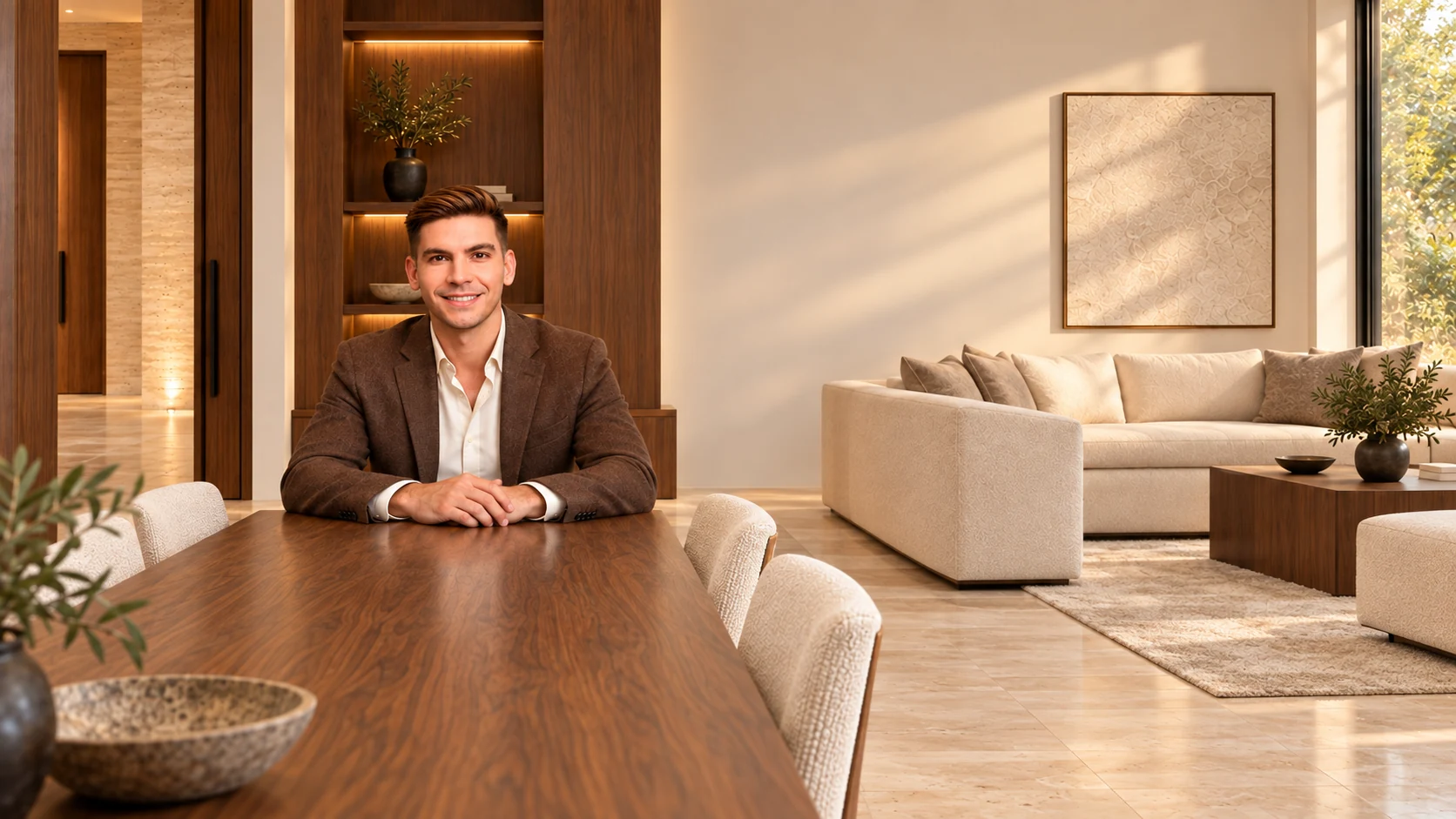 WilsonVegas representative smiling at the far end of a walnut table in an AI-generated residential meeting lounge.